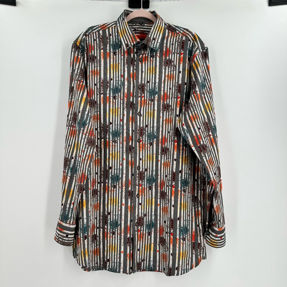 Luchiano Visconti Feathers Gray/White Stripe Button Up Men’s Shirt Size XLT